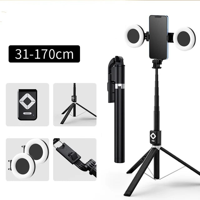 1.7m Extendable live Tripod Selfie Stick Support LED Ring Dual Light Mirror Stand 4 in 1 Phone Mount for iPhone 15 14 11 Android